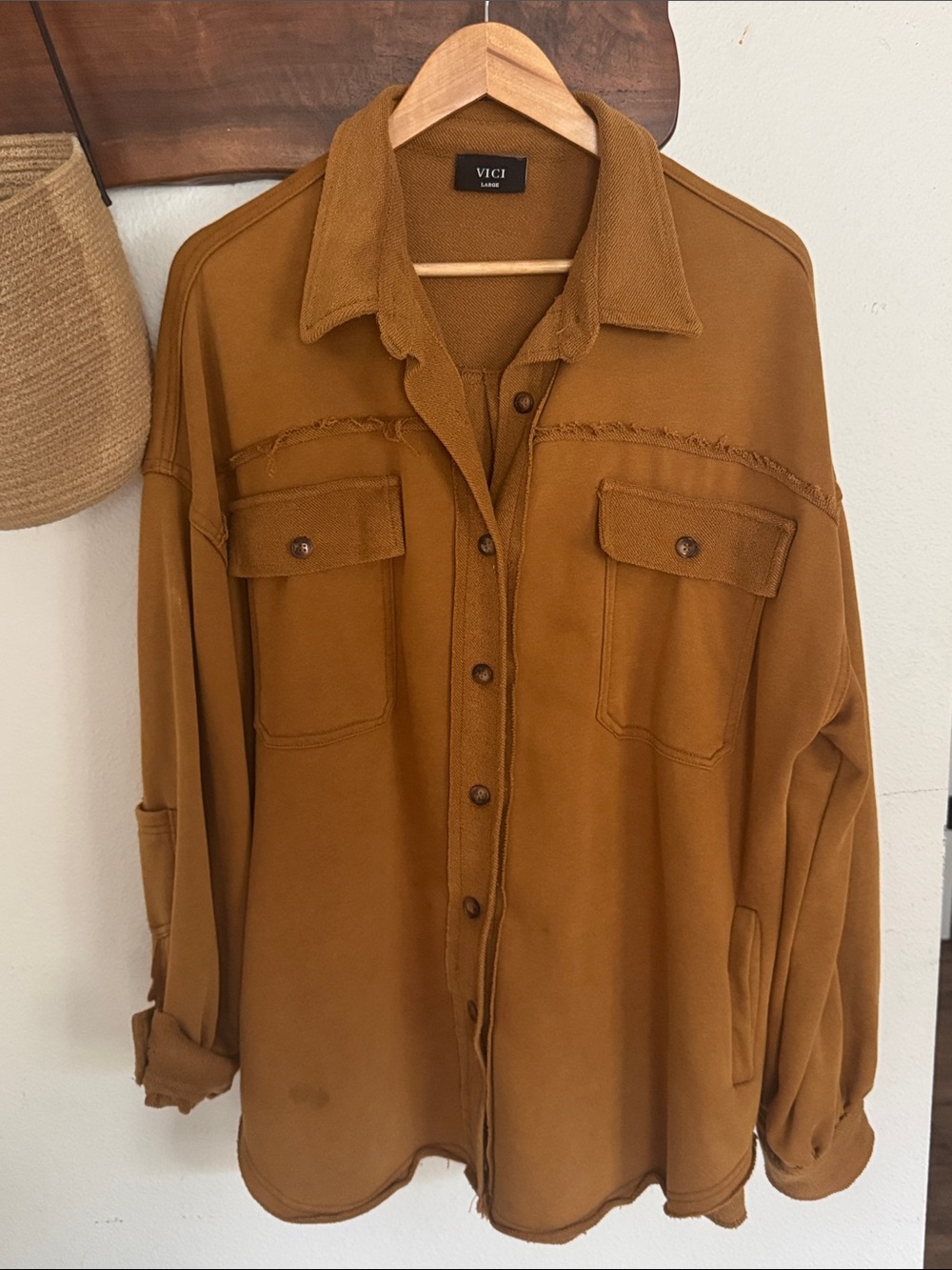 VICI Camel Oversized Raw Edge 100% Cotton Shacket Women’s Large